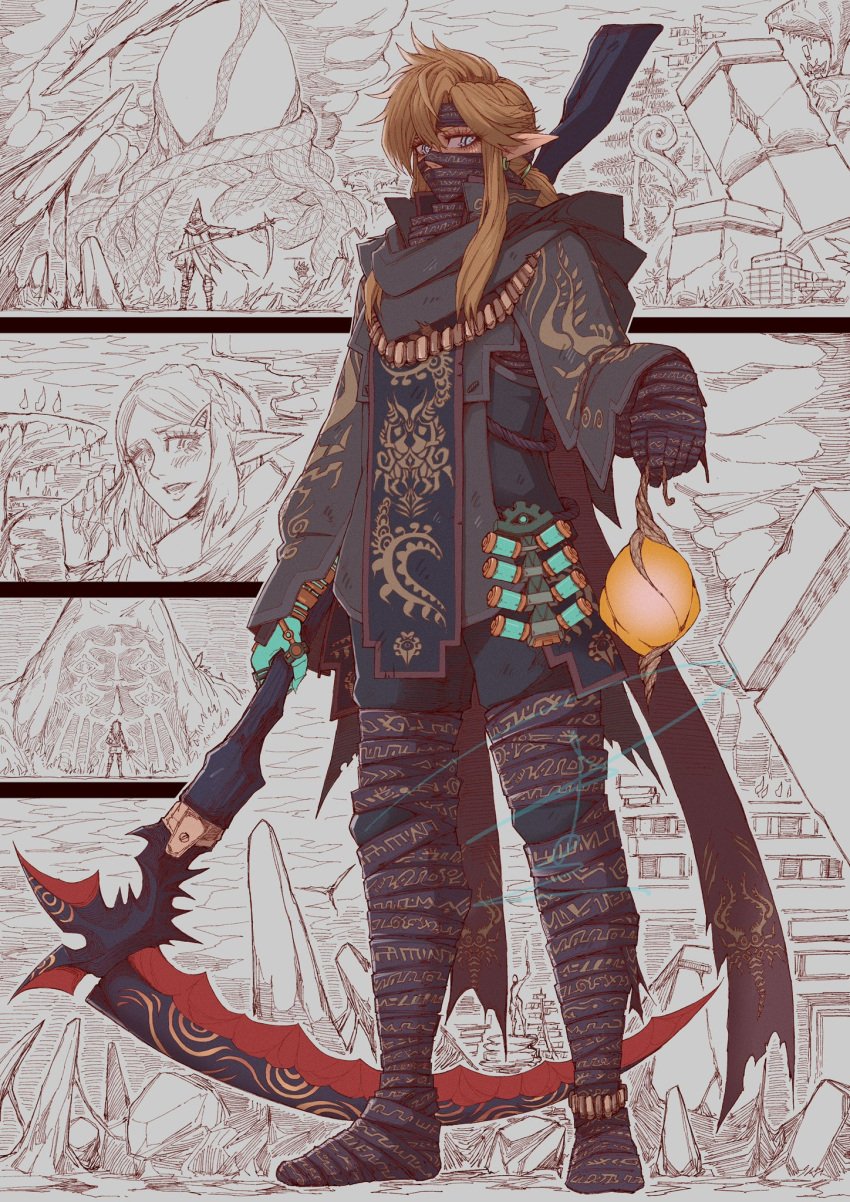 1boy blonde_hair blue_eyes earrings gloves highres holding holding_lantern holding_sickle jewelry jun_wu_mo lantern link male_focus pointy_ears princess_zelda sickle sidelocks the_legend_of_zelda the_legend_of_zelda:_tears_of_the_kingdom weapon