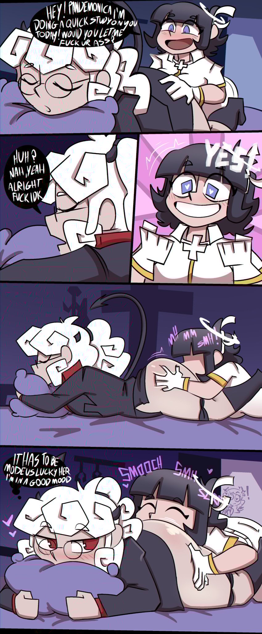 2girls angel ass ass_grab azazel_(helltaker) black_hair blush butt_sniffing comic demon demon_girl demon_horns demon_tail dialogue eating_ass female glasses halo heart-shaped_pupils helltaker horns on_stomach pandemonica_(helltaker) pants_down pencil_skirt red_eyes rimming sniffing_ass tail text white_hair y4kutch0 yuri