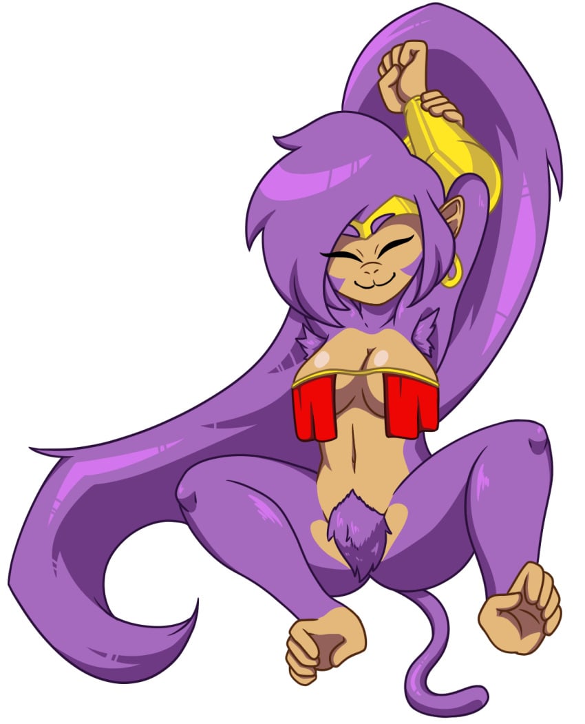 2022 alpha_channel alternate_species anthro anthrofied armpit_hair armpit_tuft ass barefoot body_hair bottomless bracelet breast_curtains breasts cleavage closed_eyes clothed clothing crotch_tuft crown digital_drawing_(artwork) digital_media_(artwork) feet female front_view full-length_portrait fur furrification gold_(metal) gold_bracelet gold_ear_ring gold_jewelry gold_tiara hair hand_feet haplorhine headgear hi_res jewelry jpgr long_hair mammal medium_breasts midriff monkey navel partially_clothed ponytail portrait primate pubes purple_body purple_fur purple_hair purple_pubes raised_arms shantae shantae_(monkey_form) shantae_(series) simple_background sitting smile solo stretching tail tan_body tan_skin thick_pubes tiara transparent_background tuft under_boob wayforward