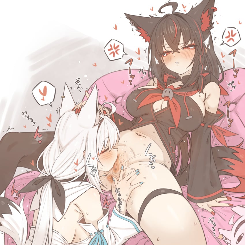 2girls ahoge anger_vein animal_ears anus black_hair black_shirt black_sleeves braid breasts censored closed_eyes cunnilingus detached_sleeves fox_ears fox_girl fox_tail hair_between_eyes heart highres hololive incest kurokami_fubuki large_breasts long_hair mosaic_censoring multiple_girls navel oral pussy red_eyes shirakami_fubuki shiroi_yoru shirt single_braid sisters spoken_anger_vein spoken_heart spread_pussy tail thigh_strap thighs virtual_youtuber white_hair white_shirt white_sleeves yuri