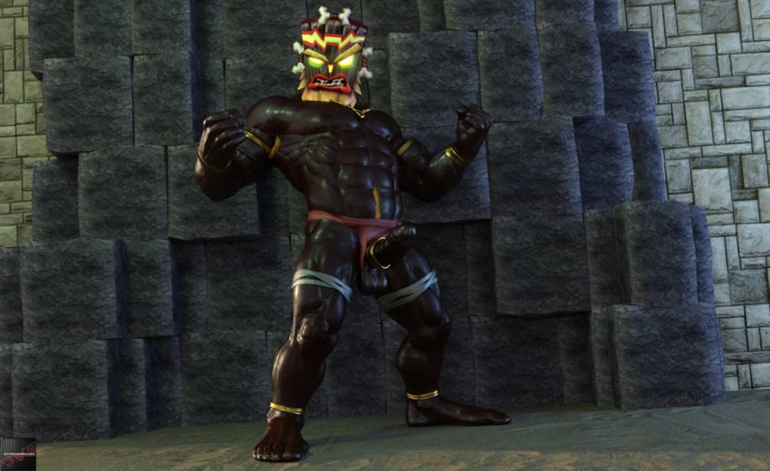 1boy 2017 3d balls bara black_body crash_(series) darkviper199027 erection humanized male male_only mask muscular nipples penis solo uka_uka video_games