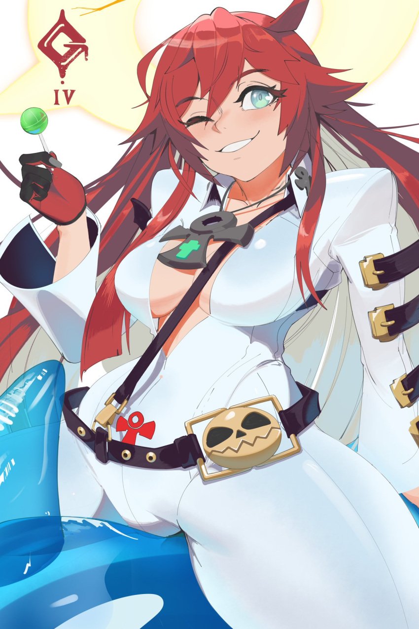 1girls breasts female female_focus female_only green_eyes guilty_gear guilty_gear_strive hips jack-o'_valentine light-skinned_female light_green_eyes light_skin lolipop puraraw red_hair smile smiling smiling_at_viewer thick_thighs thighs tummy wide_hips wink winking winking_at_viewer