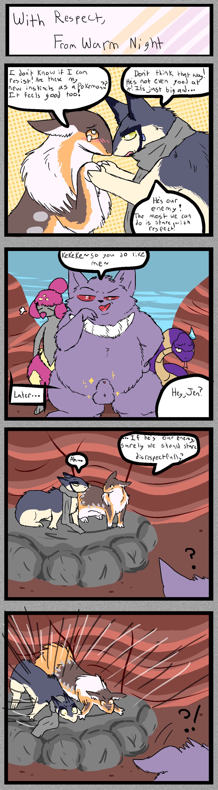 4koma absurd_res ambiguous_gender animal_genitalia balls blush bodily_fluids brown_body brown_fur comic dialogue ekans english_text feral fully_sheathed fur generation_1_pokemon generation_2_pokemon generation_3_pokemon gengar genitals grey_body grey_fur grey_skin group hand_holding hi_res male markings medicham mostly_nude motion_lines nintendo nose_to_nose orange_eyes orange_markings pink_body pink_fur pokemon pokemon_(species) pokemon_mystery_dungeon purple_body purple_fur purple_scales quilava red_eyes scales scarf scarf_only sheath simple_background sparkles speech_bubble spike_chunsoft standing sweat sweatdrop text welcometaco white_markings yellow_eyes yellow_markings