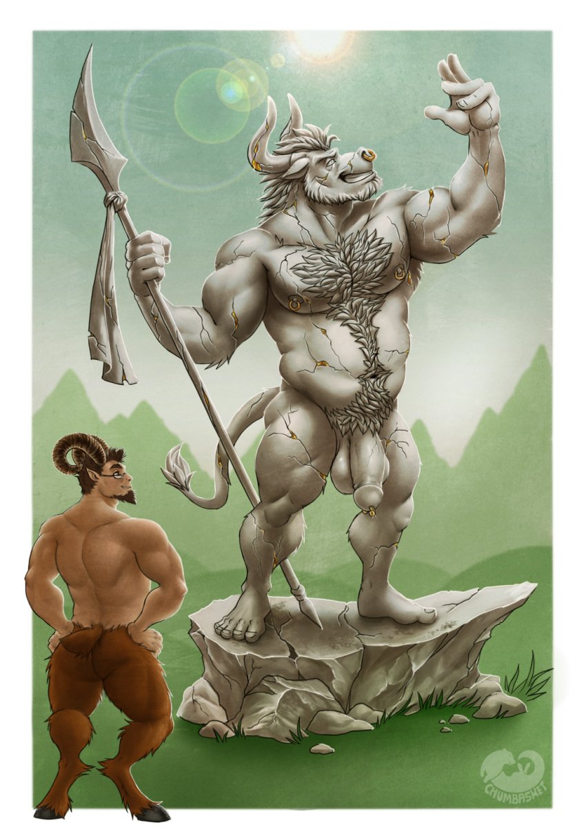 anthro bovid bovine brown_body brown_fur brown_hair brown_horn cattle chumbasket eyewear fur genital_piercing genitals glasses hair hi_res horn humanoid humanoid_genitalia humanoid_penis male mammal musclegut muscular muscular_anthro muscular_humanoid muscular_male outside penis penis_piercing piercing prince_albert_piercing satyr sculpture short_hair smile solo standing statue tan_body tan_skin