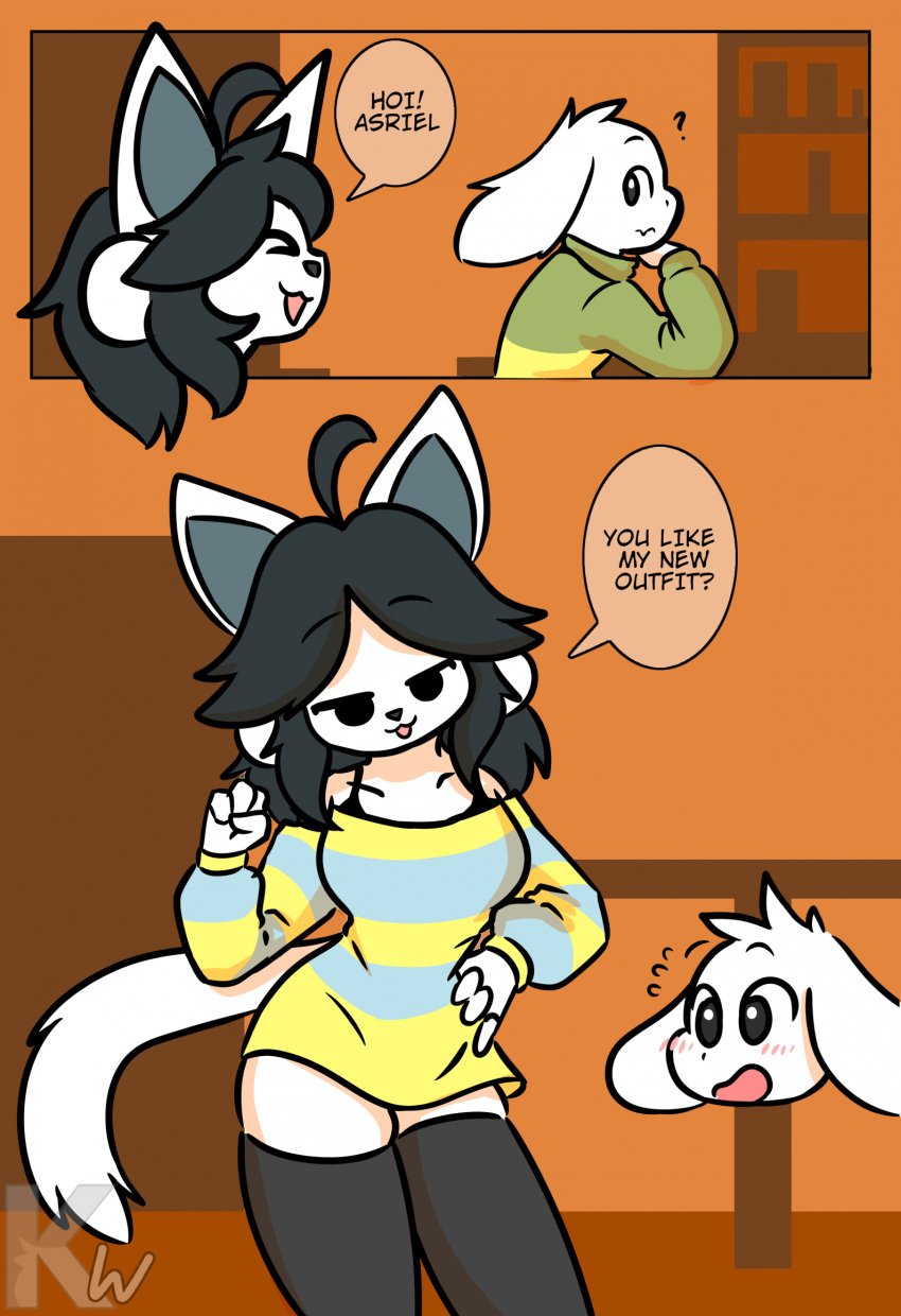 1boy1girl 2d anthro asriel_dreemurr black_bra black_eyes black_hair black_thighhighs commission female imminent_sex indoors kangwolf looking_at_another male striped_clothing temmie_(undertale) text thighhighs undertale white_fur