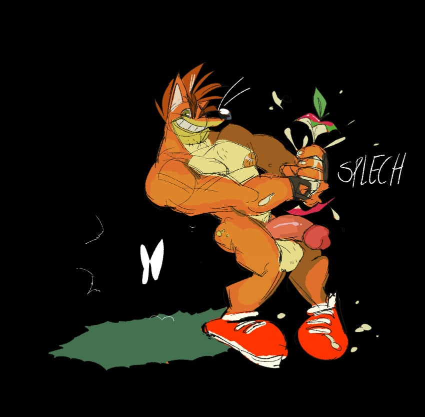 1boy 2022 anthro apple ass balls bandicoot bara black_background clenched_teeth crash_(series) crash_bandicoot fingerless_gloves footwear green_eyes male male_only marsupial muscular nipples orange_fur penis senedjem_(artist) simple_background solo video_games