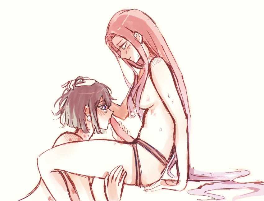2girls alien_stage black_hair breasts completely_nude completely_nude_female dildo earrings hair_grab hickey licking_dildo long_hair mizi_(alien_stage) pink_hair purple_eyes short_hair sitting strap-on strap-on_dildo sua_(alien_stage) suallied yellow_eyes yuri