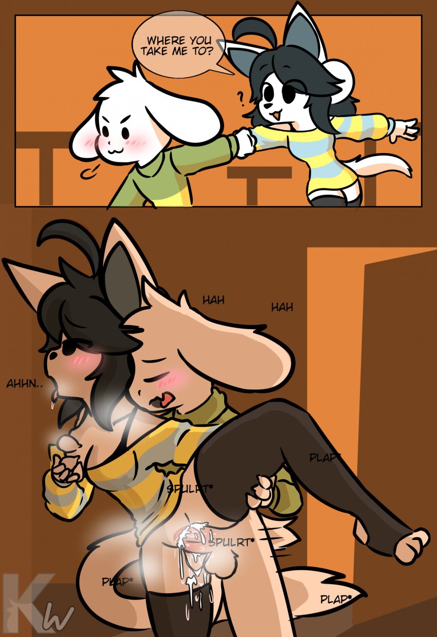 1boy1girl 2d against_wall ahe_gao anthro asriel_dreemurr black_bra black_eyes black_hair black_thighhighs breasts commission confused female grabbing_breasts holding_hand indoors kangwolf male penetration pussy sex striped_clothing temmie_(undertale) text thighhighs undertale vaginal_penetration vaginal_sex white_fur