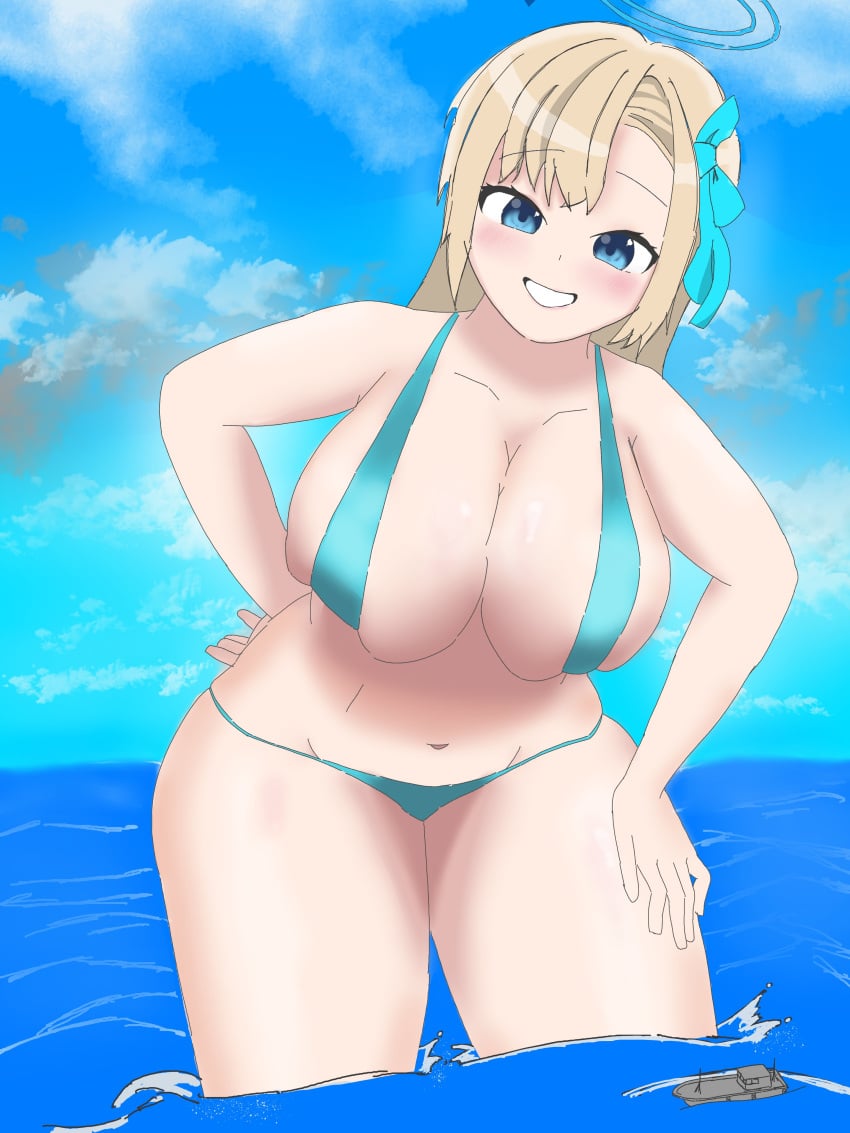 1girls asuna_(blue_archive) big_breasts bikini blonde_female blonde_hair blonde_hair_female blue_archive blue_bikini blue_eyes blue_eyes_female blush boat breasts female female_focus female_only giant_female giant_woman giantess haruha571 large_boobs large_breasts light-skinned_female light_skin looking_at_viewer ocean ship solo solo_female solo_focus swimsuit swimwear