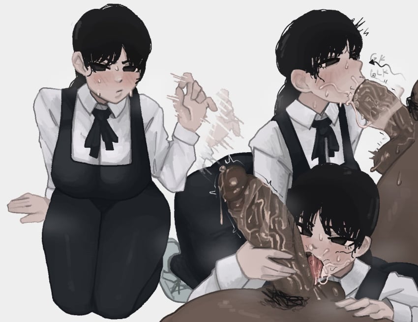 1girls black_hair blowjob chainsaw_man clothed cock_hungry cock_worship cooly dark-skinned_male deepthroat fellatio fellatio_gesture fully_clothed huge_cock mitaka_asa precum saliva_trail school_uniform thick_thighs