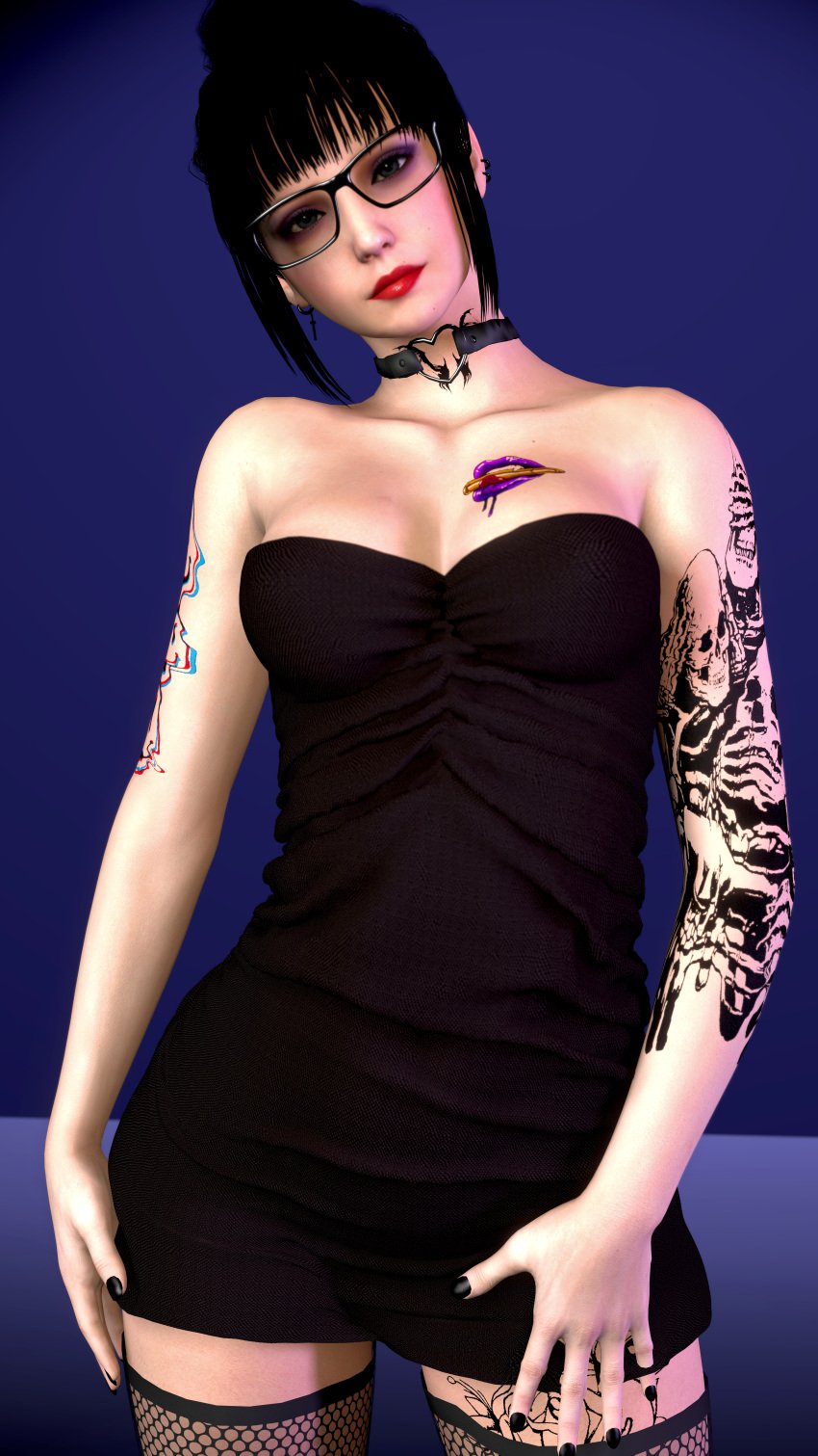 3d alex_domino bangs big_breasts black_hair breasts choker cleavage dress female female fishnet_legwear fishnets glasses goth goth_girl hair_bun lingerie nopixel painted_nails short_dress solo_female tattoo tattoos thighs yuri