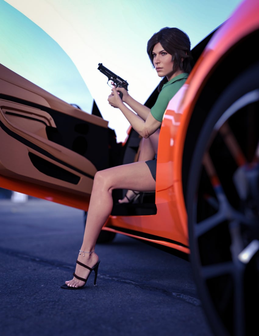 3d busty car female female_focus female_only heels hourglass_figure lara_croft lara_croft_(survivor) legs lewdfinity office_clothing pistol pussy skirt tagme toes tomb_raider tomb_raider_(survivor) vagina wide_hips