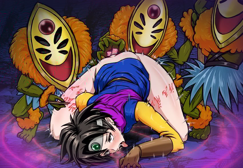 3boys absurdres ahe_gao all_fours anal anal_object_insertion ass barefoot blue_background blue_tunic body_writing bottomless brown_eyes brown_gloves brown_hair character_request circlet colored_skin commentary_request dragon_quest dragon_quest_iii eyes_rolled_back female gem gloves grass_skirt green_gemstone green_skin heroine_(dq3) highres holding holding_pen magic_circle mask midori_(bar_midori) motion_lines multiple_boys object_insertion ofuda pen pink_scarf roto_(dq3) scarf short_hair silver_circlet spiked_hair tongue tongue_out translation_request tunic yellow_sleeves
