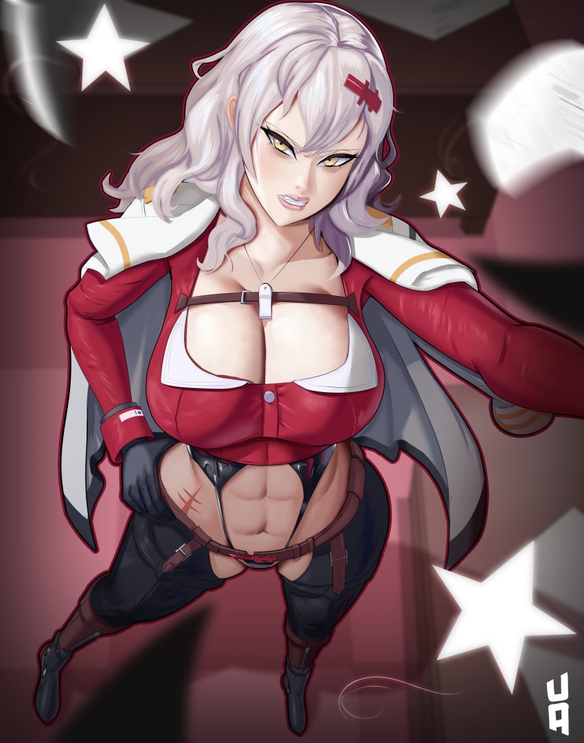 abs breasts goddess_of_victory:_nikke light-skinned_female light_skin thighs white_hair yellow_eyes yulha