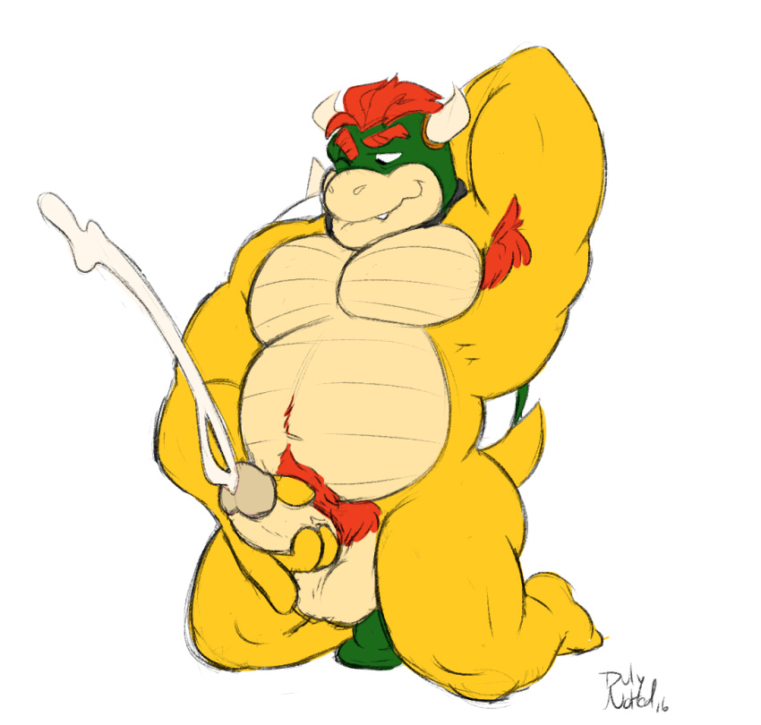 1boy 2016 anal anal_masturbation anal_sex anthro arm_up armpit_hair barefoot biting_lip body_hair bowser cum cumshot dildo dildo_sitting duly_noted erection flat_colors happy_trail horn humanoid_penis kneeling koopa male male_only mario_(series) masturbation musclegut nintendo nude one_eye_closed orgasm pecs penetration penile_masturbation penis pubes raised_arm scalie sex_toy signature simple_background solo video_games white_background