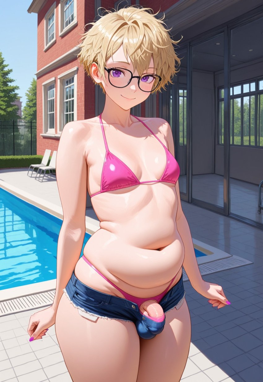ai_generated chubby civitai fat femboy open_shorts penis plump pool sustaco