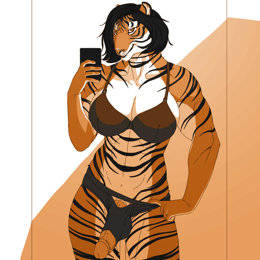 1futa 2016 anthro balls black_hair breasts cellphone clothed clothing feline futa_only futanari hair huge_breasts intersex lingerie looking_at_viewer mammal nikcesco penis phone pose selfie skimpy smile solo solo_futa stripes tiger