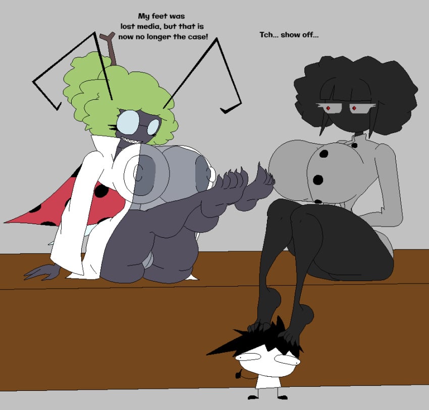 1boy 2girls areolae barefoot big_breasts breasts clothed clothed_female coat feet female full_body keelgabeytheart labcoat male nipples original scientist sitting size_difference someone_else&#039;s_oc