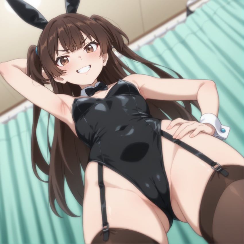 1girls ai_generated arm_behind_head arrogant blush brown_eyes brown_hair bunny_ears bunny_girl bunnysuit cameltoe confident dressing_room eyebrows eyelashes female female_only garter_straps grin hand_on_hip kazayama_kizuna light-skinned_female light_skin looking_at_viewer looking_down one_arm_behind_head pale-skinned_female pale_skin small_breasts solo solo_female stable_diffusion tate_no_yuusha_no_nariagari the_rising_of_the_shield_hero thighs