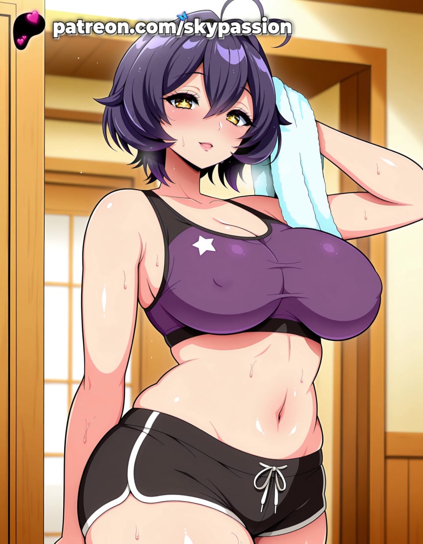1girls 2025 ahoge ai_assisted ai_generated anime artist_name big_breasts big_chest blush breast breasts bust busty chest clothed_female collarbone covered_nipples eyebrows_visible_through_hair female_focus female_only gushing_over_magical_girls hair_between_eyes hi_res high_quality high_resolution highres hiiragi_utena holding_towel indoors large_breasts looking_at_viewer mahou_shoujo_ni_akogarete navel open_mouth patreon patreon_username purple_hair short_hair short_shorts shorts skypassion smile solo sports_bra sports_shorts sports_uniform sportswear stable_diffusion sweat tank_top thighs towel watermark yellow_eyes