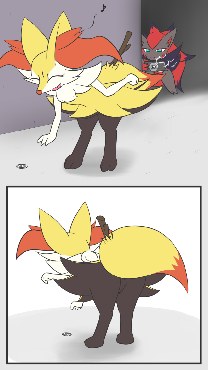 artist_request blue_eyes braixen furry photographing pokémon_(species) pokemon pokemon_(species) pussy zoroark