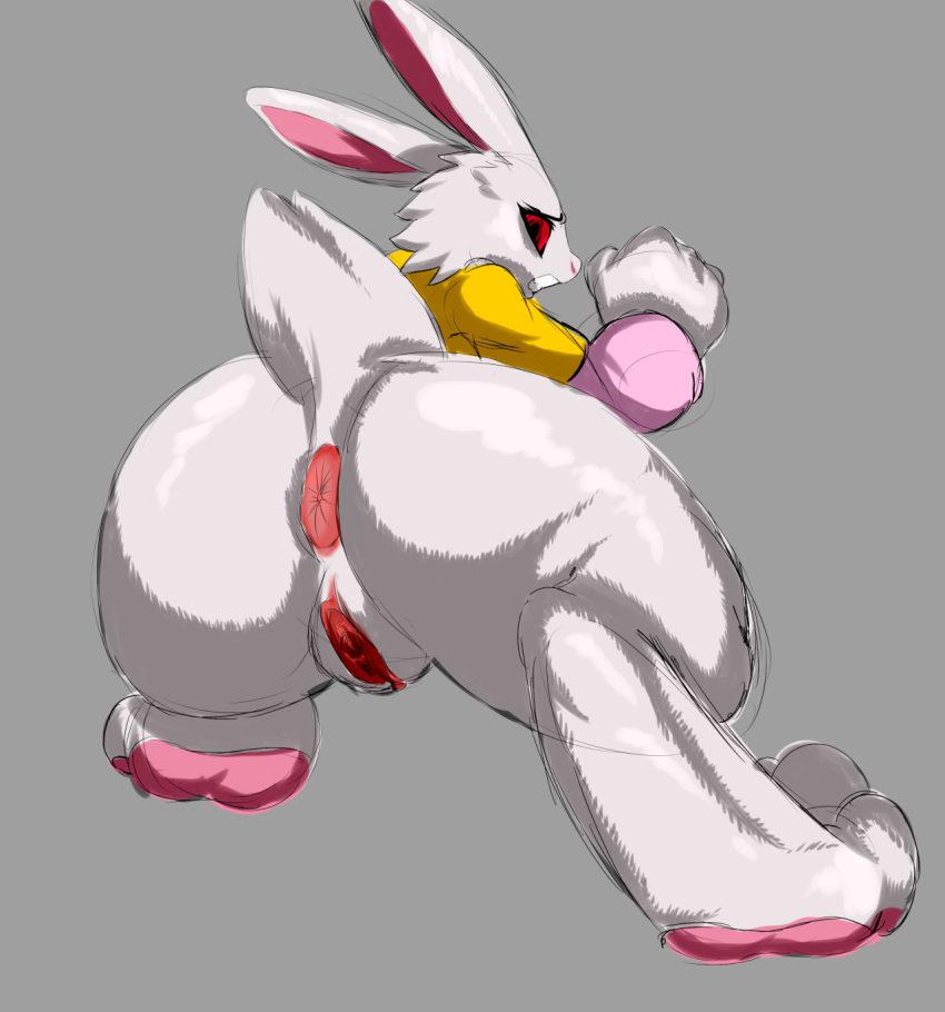 2016 anthro anus ass big_anus big_butt bloody_roar bottomless clothed clothing female grey_background hi_res jaynatorburudragon lagomorph mammal pussy rabbit red_eyes simple_background solo