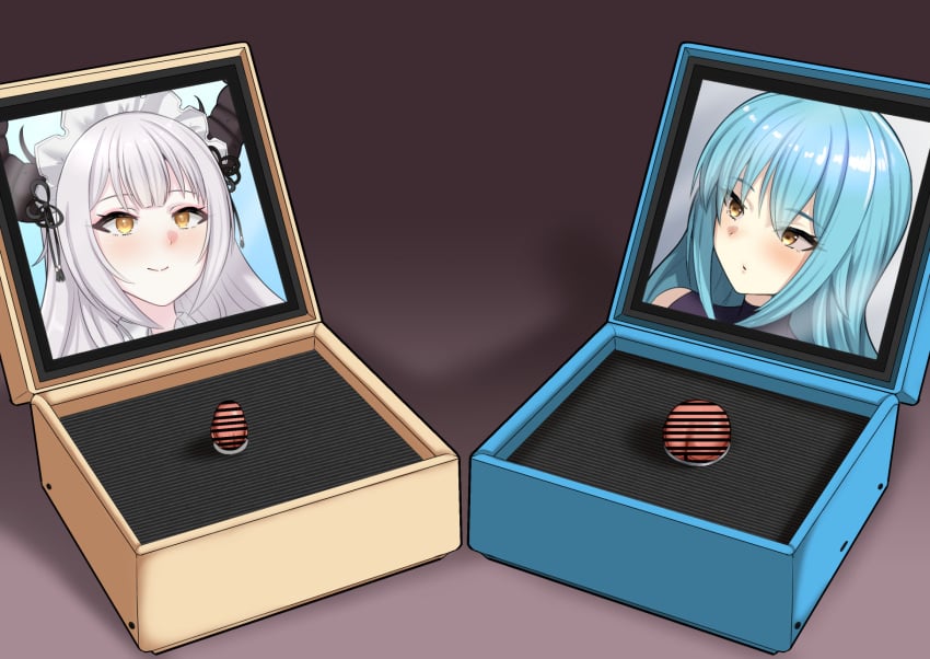 2girls bar_censor blue_hair box butatamadayo censored clitoris commentary_request expressionless highres large_clitoris light_blush long_hair monitor multiple_girls original portal_(object) smile white_hair yellow_eyes