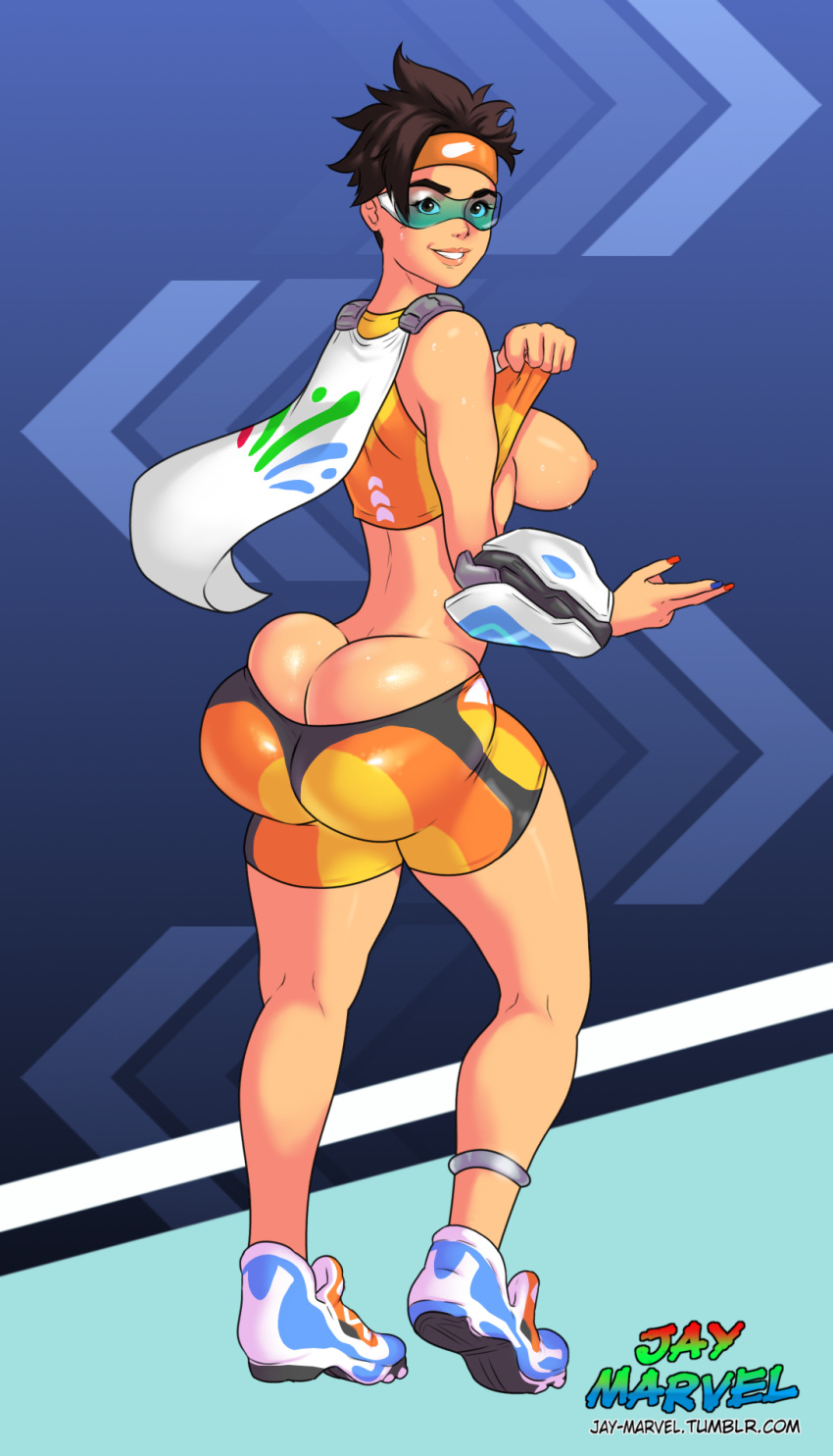 1girls ass big_ass big_breasts booty_shorts breasts breasts_out brown_eyes cape dark_hair dat_ass deep_skin erect_nipples female female_only glasses headband huge_ass jay-marvel legs looking_at_viewer nipples overwatch shirt_lift short_hair shorts smile solo sprinter_tracer sweat tight_clothes tight_fit tracer