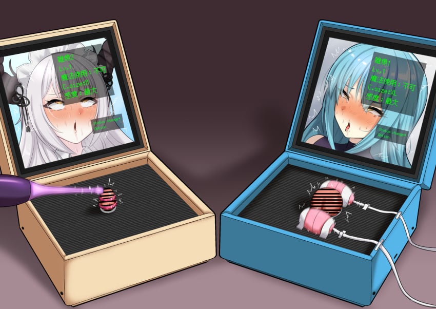 2girls ahegao bar_censor blue_hair blush box butatamadayo censored clitoral_stimulation clitoris commentary_request egg_vibrator highres large_clitoris long_hair monitor multiple_girls original portal_(object) remote_control_vibrator rolling_eyes sex_toy stats translated vibrator vibrator_on_clitoris white_hair yellow_eyes