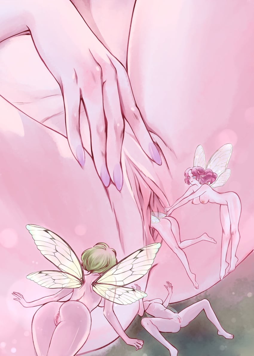 5girls absurdres ass bent_over brown_hair completely_nude face_in_ass fairy fairy_wings giantess green_hair group_sex highres koonago mini_person minigirl multiple_girls nude original pointy_ears purple_nails pussy rambutanart size_difference smile spread_legs spread_pussy spreading_another's_pussy spreading_own_pussy unbirthing wings yuri