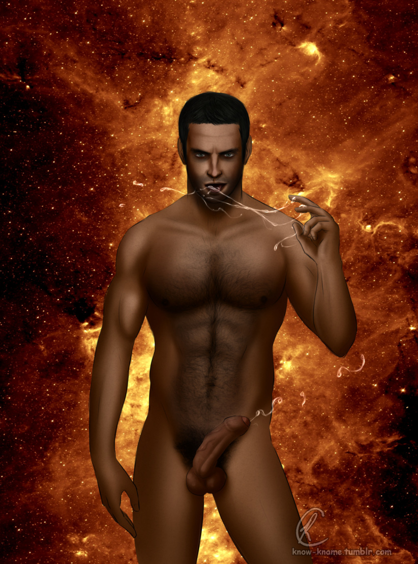 1boy aqua_eyes black_hair body_hair cum_on_tongue cumshot cumstring dead_space erection isaac_clarke looking_at_viewer male male_only nude partially_retracted_foreskin solo space starry_background zero-gravity