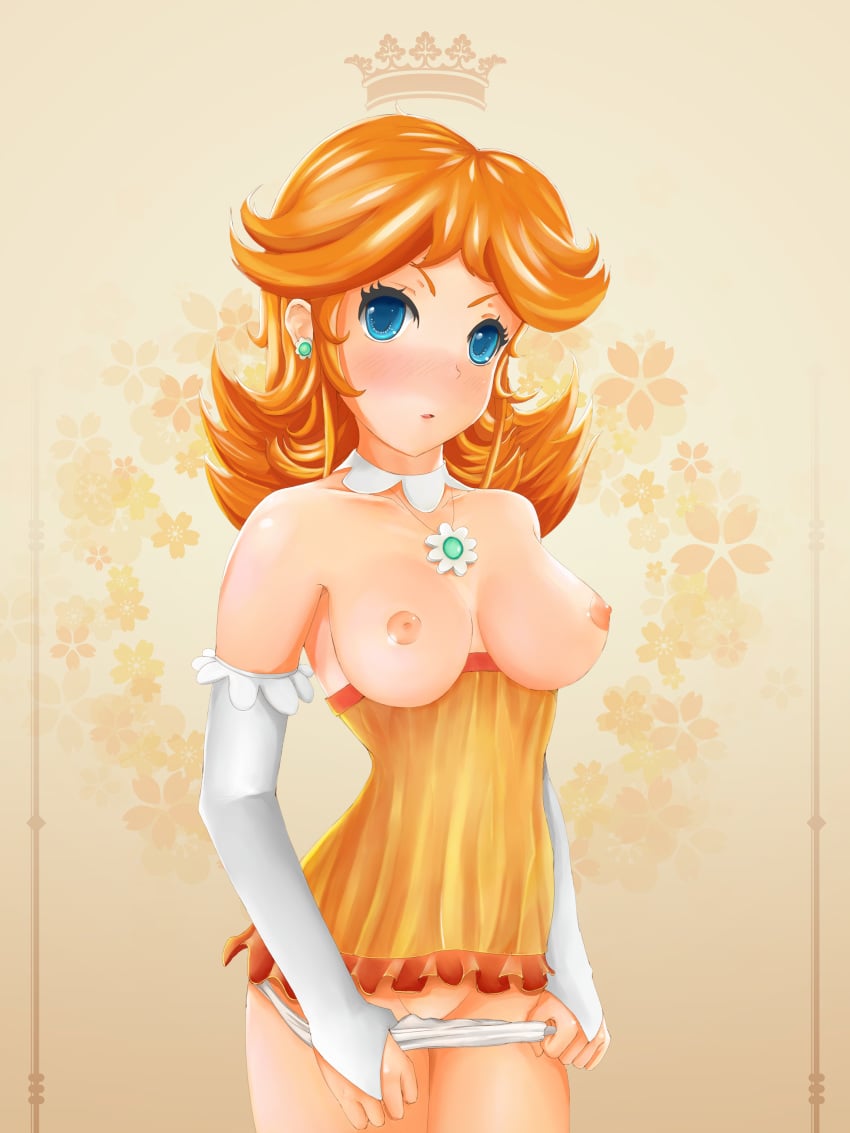 1girls blue_eyes blush breasts bridal_gauntlets brown_hair detached_collar dpannkaka earrings female female_only floral_background long_hair looking_at_viewer mario_(series) necklace nintendo nipples orange_background pannkaka666 panties parted_lips princess_daisy sidelocks solo standing underwear white_panties