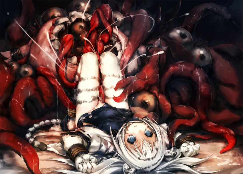 animal_ears blue_eyes blush breasts capelet eyeball female furry highres hitomaru legs_up leotard leotard_aside long_hair lying monster on_back open_mouth original rape silver_hair small_breasts solo_focus tentacle tiger_ears whiskers