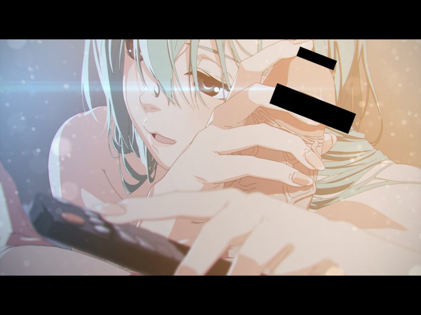 1boy aqua_eyes aqua_hair bar_censor boko_(maniacpurple) censored controller erection female half-closed_eyes handjob kantai_collection lens_flare lips parted_lips penis remote_control suzuya_(kantai_collection)