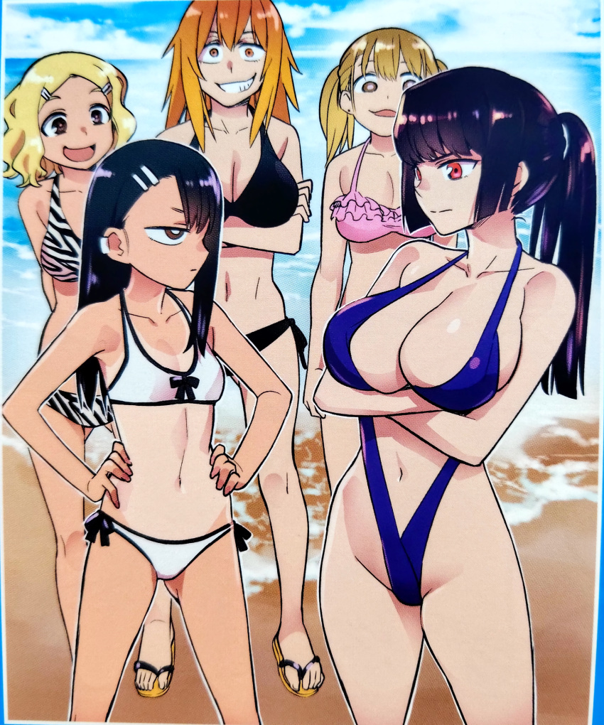 5girls 774_(nanashi) alternate_breast_size angry_face beach bikini blonde_hair bra breast_envy breasts catfight fat_breasts female female_only flat_belly flat_chested gamo-chan hayase_nagatoro hi_res huge_breasts large_breasts light-skinned_female light_skin long_hair looking_at_viewer looking_to_the_side multiple_girls official_art orange_hair panties please_don't_bully_me,_nagatoro ponytail president_(nagatoro) red_eyes sakura_(nagatoro) sana_sunomiya sand scan short_hair small_breasts staredown stripes tan tan_skin tanline tanned tanned_skin tight_clothing water yoshi_(nagatoro)