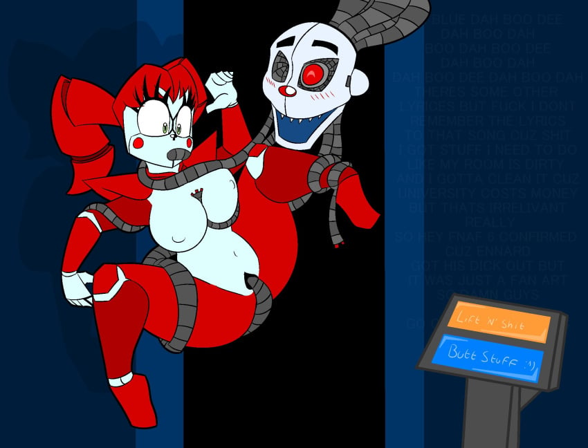 1girls 2016 animatronic areola ass baby_(fnafsl) big_breasts blush breasts button circus_baby circus_baby_(fnaf) color dialogue english_text ennard_(fnafsl) exposed_breasts female five_nights_at_freddy's five_nights_at_freddy's:_sister_location hair happy happy_sex highres huge_breasts humanoid machine nipples open_mouth oral paizuri penetration pussy robot sex simple_background sister_location spread_legs spreading straight tentacle tentacles text theicedwolf thick_thighs vaginal_penetration vulva