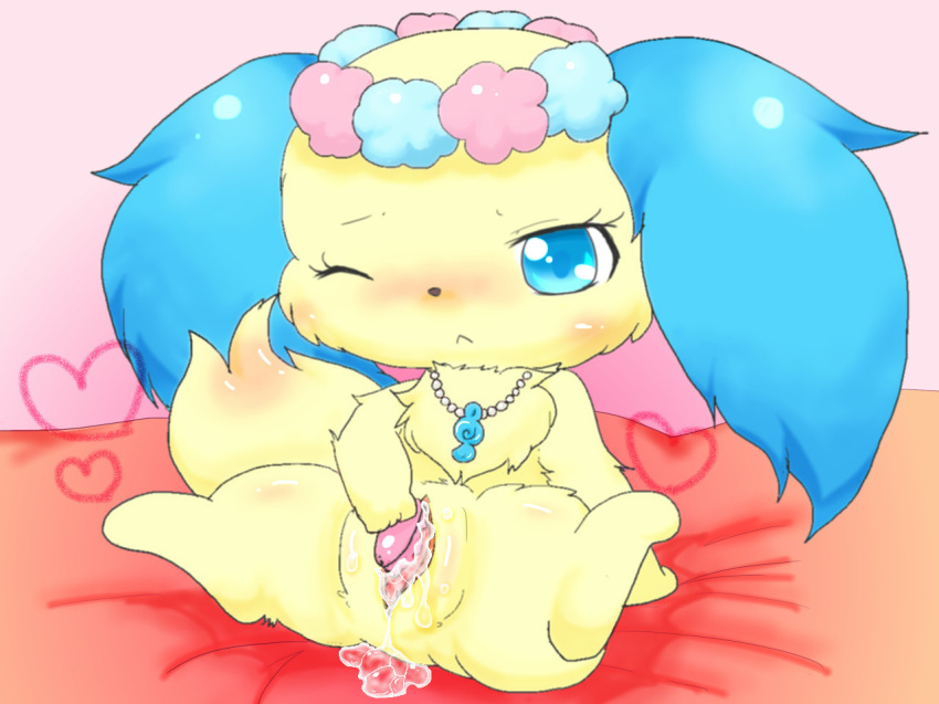 1girls blue_eyes blush canine cum cute dildo female female_only feral heart jewelpet jewelpet_(species) mammal masturbation one_eye_closed pussy pussy_juice sapphie_(jewelpet) sex_toy simple_background solo spreading