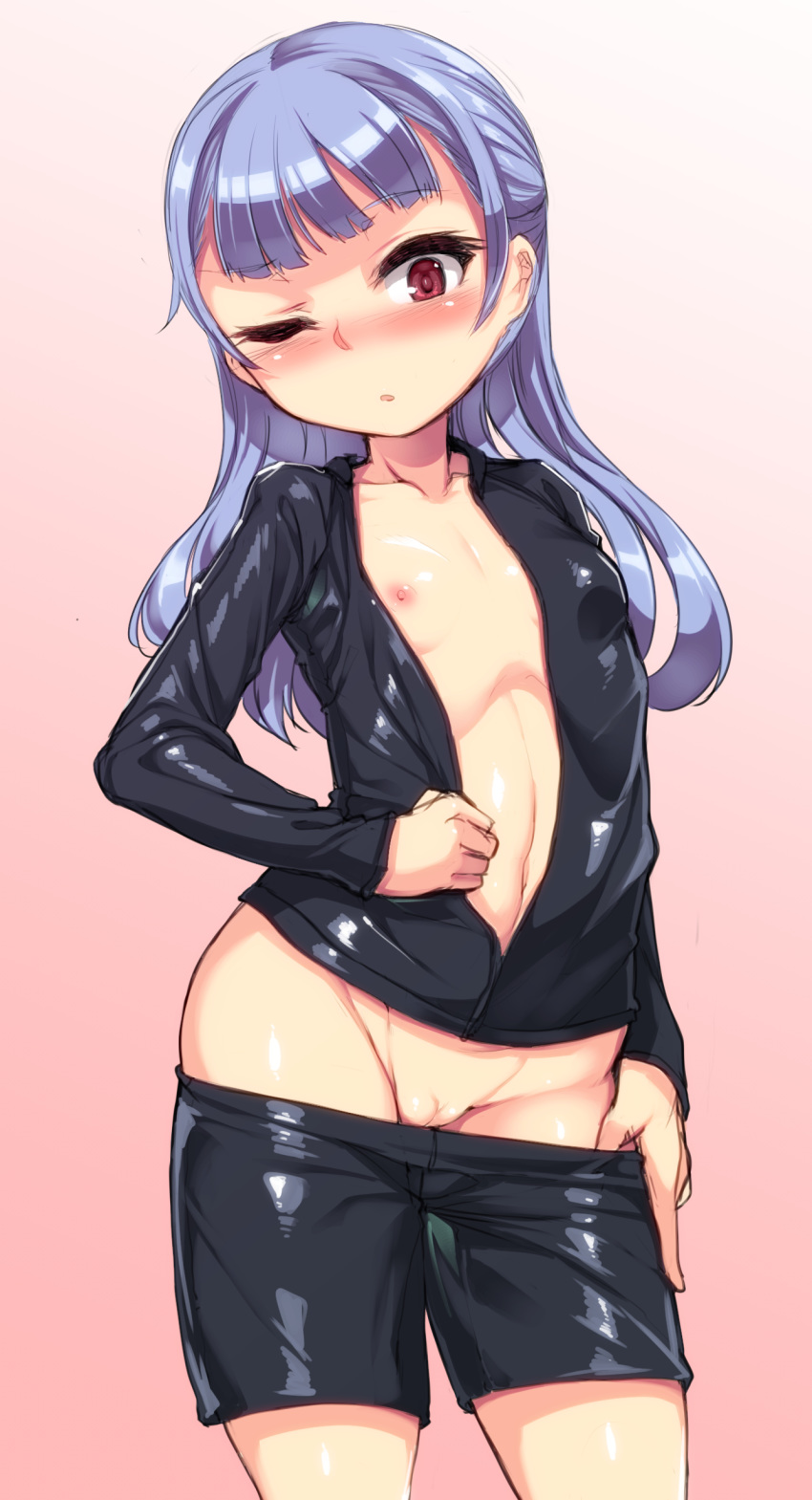 absurdres blush female flat_chest harigane_shinshi highres jacket long_hair nipples one_eye_closed open_clothes open_jacket original purple_hair pussy red_eyes shorts shorts_pull solo uncensored undressing