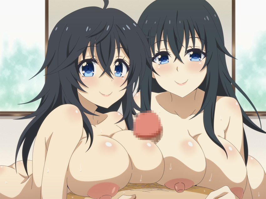 2girls areolae black_hair blue_eyes blush breast_press breasts censored double_paizuri eyebrows eyebrows_visible_through_hair highres indoors large_breasts long_hair looking_at_viewer lying milf miyamaya mosaic_censoring mother_and_daughter multiple_girls netoge_no_yome_wa_onna_no_ko_janai_to_omotta? nipples nude paizuri penis pov sweat tamaki_ako tamaki_ako's_mother teamwork