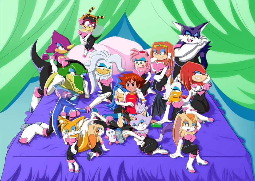 1boy 6+girls amy_rose amy_the_bat anthro big_breasts big_the_cat blaster blaze_the_cat blue_fur breasts cash chao_(sonic) chaos_(sonic) charmy_bee cheese_the_chao chris_thorndyke cleavage cosplay cream_the_rabbit espio_the_chameleon eyeshadow furry genderswap_(mtf) gun harem heart-shaped_pupils hedgehog high_heel_boots high_heels jen_foxworth_(artist) knuckles_the_echidna lipstick makeup mammal miles_prower money multiple_females multiple_girls ray_gun rouge_the_bat rouge_the_bat_(cosplay) rule_63 sega shadow_the_hedgehog silver_the_hedgehog sissy sonic_(series) sonic_the_hedgehog sonic_the_hedgehog_(series) sonic_x tails tikal_the_echidna transformation vanilla_the_rabbit vector_the_crocodile