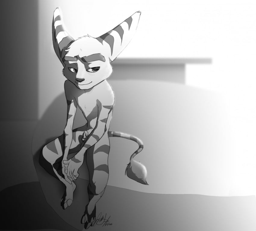 balls bed bedroom_eyes half-closed_eyes keroa lombax male male_only mammal monochrome nude penis ratchet_(ratchet_and_clank) ratchet_and_clank seductive shadow sitting solo solo_focus stripes tail_tuft tuft video_games