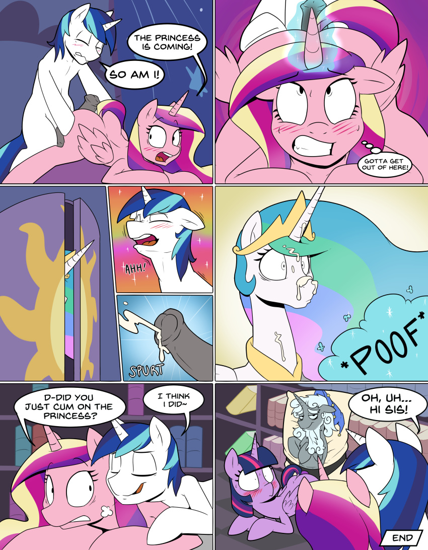 2016 alicorn animal_genitalia animal_penis anus ass blush book bookshelf comic crown cum cum_on_face dakimakura_(object) dialogue door english_text equine erection feathered_wings feathers female feral friendship_is_magic fur group horn horsecock indoors magic male mammal multicolored_hair my_little_pony palace penetration penis pillow pink_fur princess_cadance_(mlp) princess_celestia_(mlp) sex_toy shining_armor_(mlp) starswirl_the_bearded_(mlp) strangerdanger text twilight_sparkle_(mlp) unicorn white_fur wings