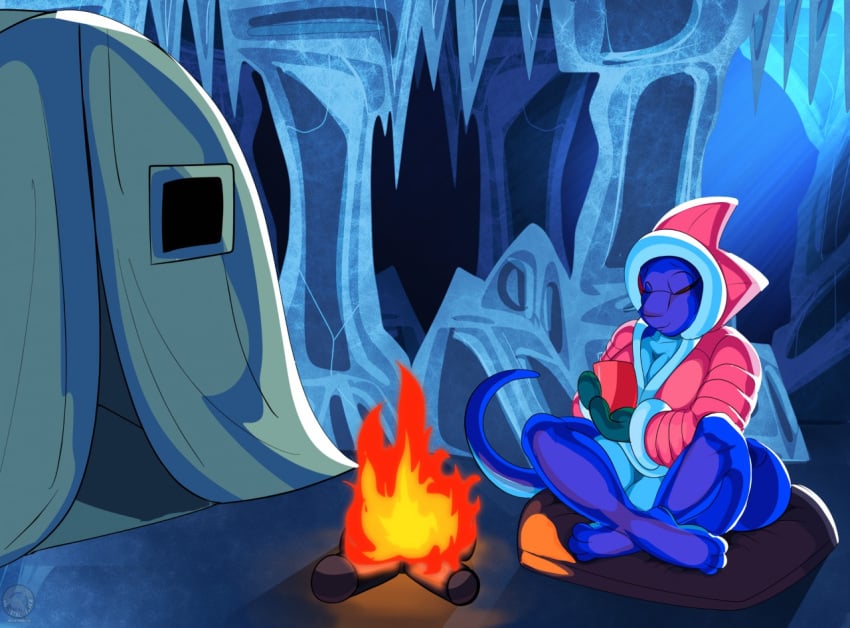 1futa 2018 3_toes anthro beverage blue_body blue_scales blue_skin bottomless breasts campfire cave cavern closed_eyes clothed clothing coat coat_only crossed_legs dark feet fire flaccid frozen futa_only futanari genitals gynomorph handwear herm_(lore) ice ice_cave intersex jacket jacket_only june_(justathereptile) justathereptile komodo_dragon lizard mittens monitor_lizard mostly_nude mug non-mammal_breasts outside parka penis pillow reptile scales scalie scutes smile solo tail tea tent toes topwear topwear_only watermark wood