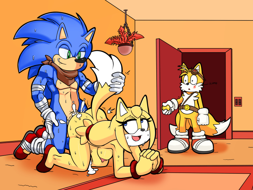 anthro anthro_on_anthro anthro_only armpits big_breasts breasts canine caught_in_the_act cheating cheating_girlfriend cuckold escopeto exposed_torso female footwear fox group handwear hedgehog huge_cock male mammal mostly_nude muscular netorare no_humans penis sonic_(series) sonic_boom sonic_the_hedgehog superbunnygt tails zooey_the_fox