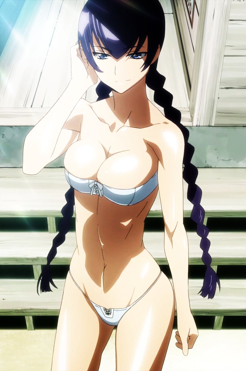 absurdres alternate_hairstyle bandeau bangs beach bikini blue_eyes bow braid breasts bursting_breasts cleavage cowboy_shot female front-tie_top groin hair_between_eyes hand_on_head highres highschool_of_the_dead hips inazuma large_breasts light_rays light_smile long_hair looking_at_viewer lowleg lowleg_bikini mound_of_venus navel outdoors purple_hair saeko_busujima satou_shouji screencap shade skindentation slender_waist smile solo stairs stitched string_bikini sunbeam sunlight swimsuit tied_hair toned twin_braids very_long_hair white_bikini white_swimsuit wide_hips