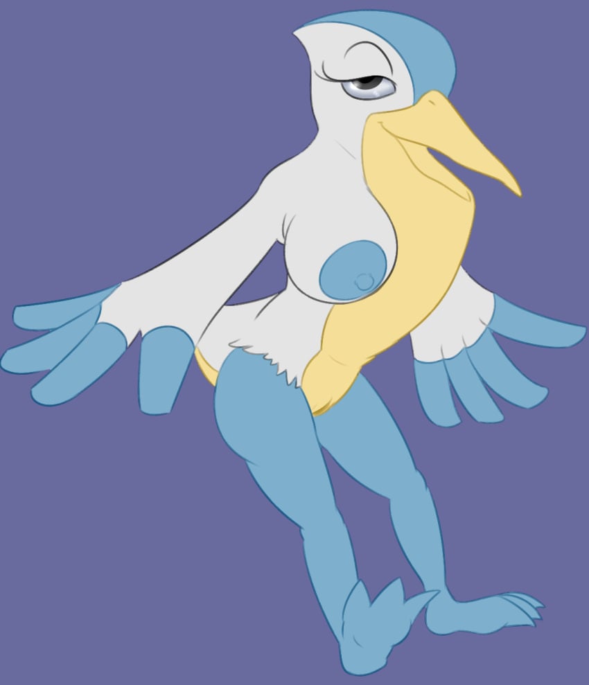 1girls anthro areolae avian barefoot beak big_breasts bird breasts erect_nipples feathers female fur half-closed_eyes looking_at_viewer nintendo nipples nude open_mouth pelican pelipper pokemon posexe pussy simple_background solo video_games white_fur wings