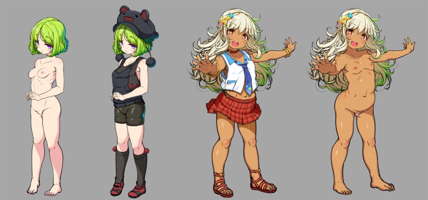 +_+ 2girls blonde_hair breasts censored dark_skin flat_chest foreshortening full-length_portrait full_length green_hair highres kirin_kakeru long_hair multicolored_hair multiple_girls navel necktie nipples nude original portrait purple_eyes red_eyes short_hair shorts skirt standing two_tone_hair