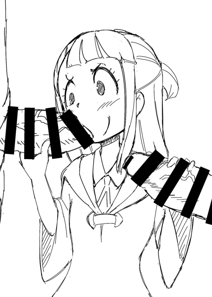 4shi akko_kagari atsuko_kagari big_penis censor_bar censored dress kagari_atsuko little_witch_academia monochrome multiple_boys multiple_males multiple_penises oral_sex penis sketch