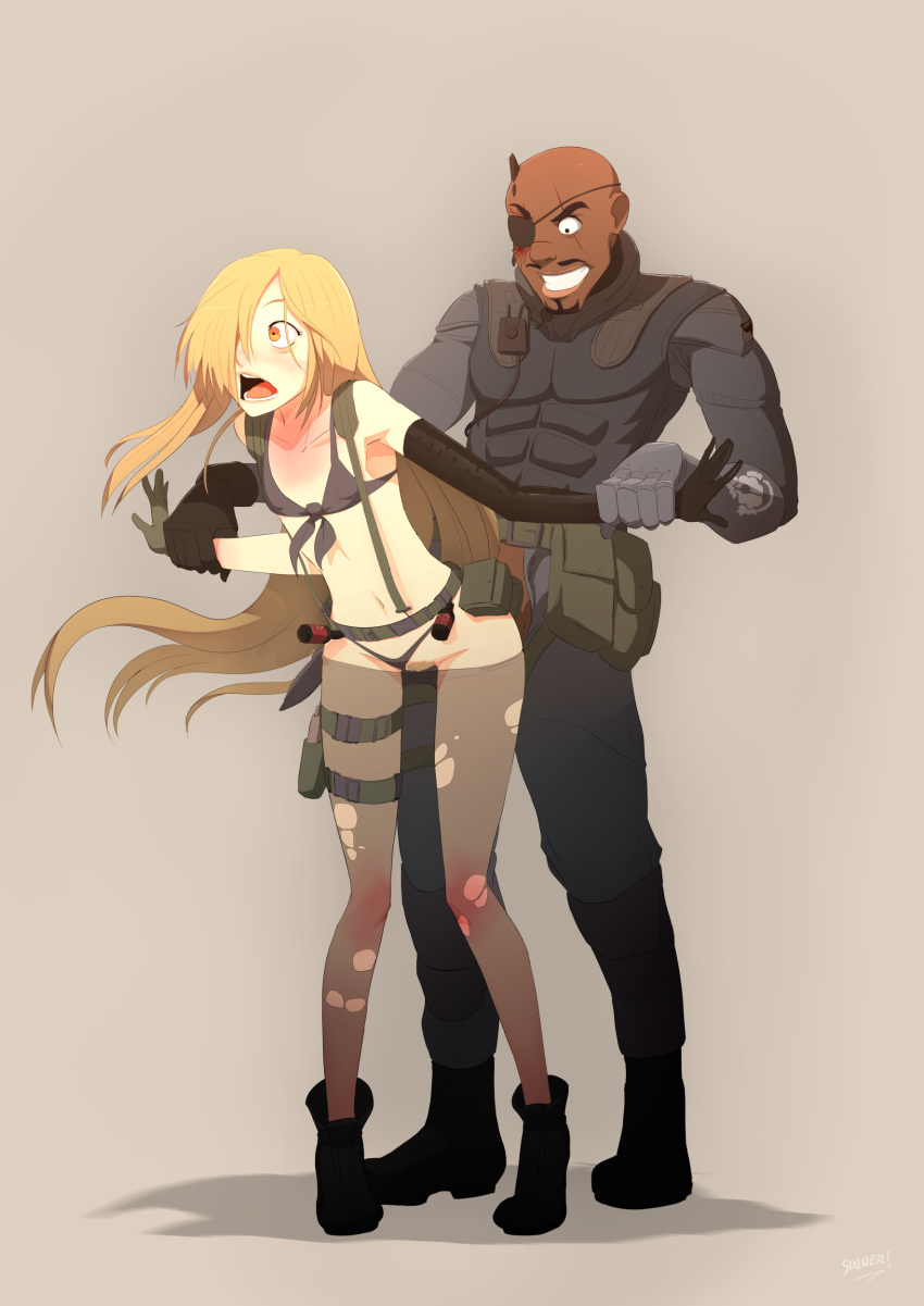 1boy 1girls absurdres assertive assertive_male binbougami_ga! blonde_hair blush clothed_sex clothing dark-skinned_male dark_skin female from_behind long_hair male metal_gear_solid_v momiji_(binbougami_ga!) open_mouth panties panties_aside restrained sillygirl sinner suprise_sex surprised thighhighs wide_eyed yellow_eyes