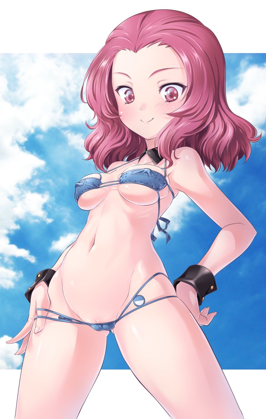 bikini blush breasts female girls_und_panzer groin kuzuryuu_kennosuke navel pussy red_eyes red_hair rosehip small_breasts smile solo